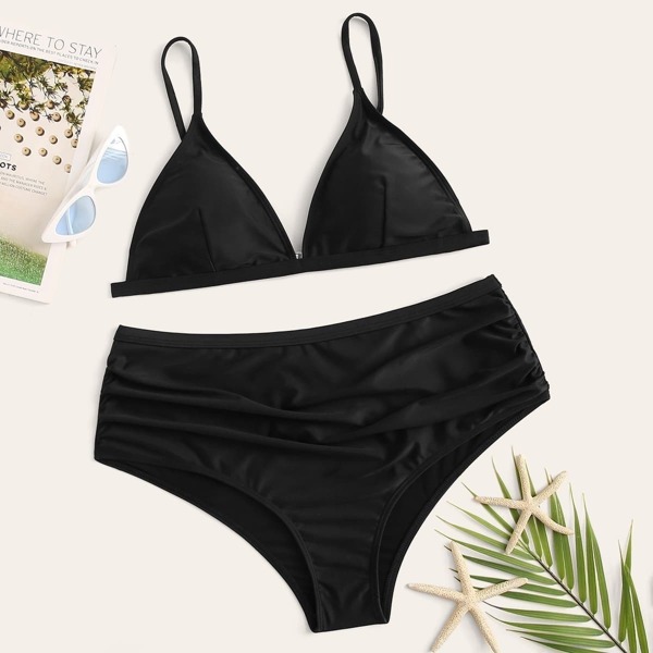 

Plus Triangle Top With High Waist Bikini Set, Black