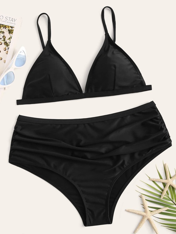 

Plus Triangle Top With High Waist Bikini Set, Black