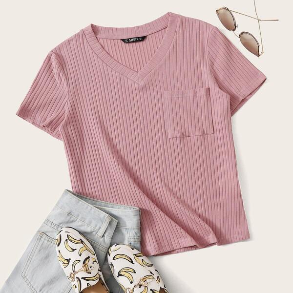 

Solid Pocket Front Rib-knit Tee, Pink pastel