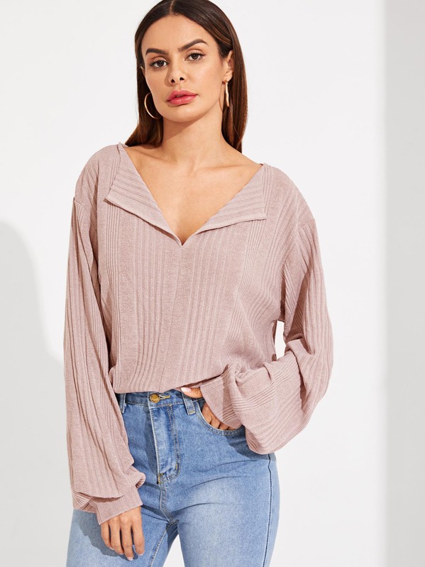 

Solid Drop Shoulder Rib-knit Top, Pink, Andy