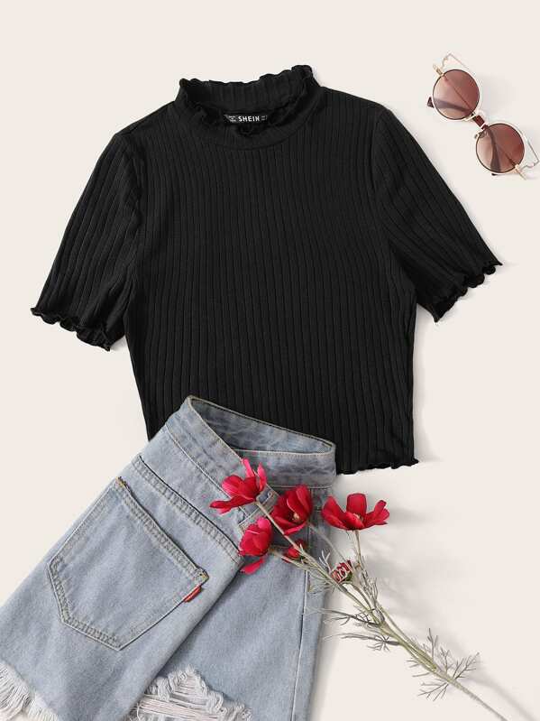 

Lettuce Trim Rib-knit From Fitting Tee, Black