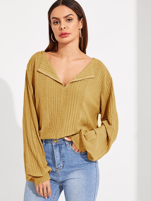 

Solid Drop Shoulder Rib-knit Top, Yellow, Andy