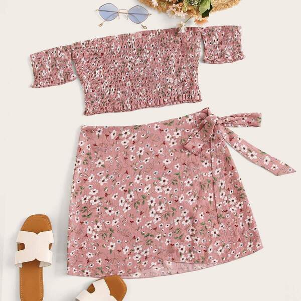 

Ditsy Floral Shirred Bardot Top & Wrap Knotted Skirt Set