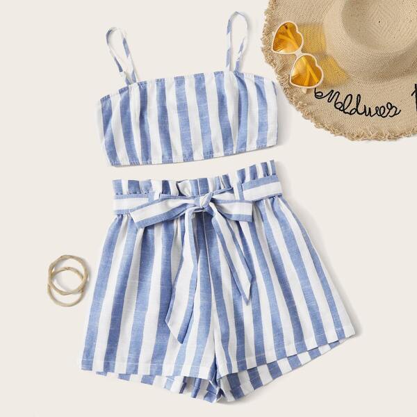 

Striped Crop Cami Top & Paperbag Waist Shorts Set