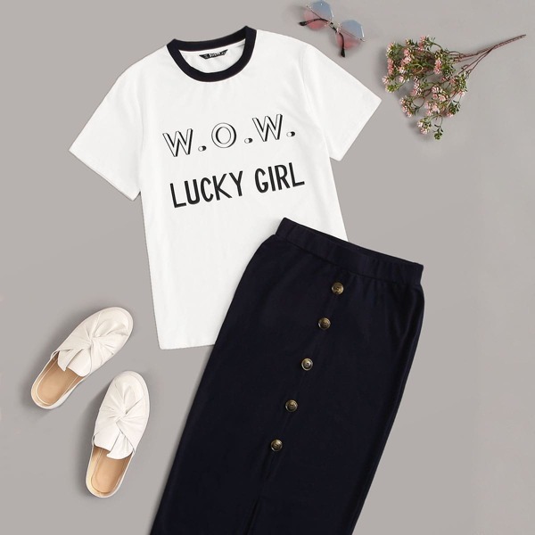 

Slogan Print Tee & Button Front Pencil Skirt Set