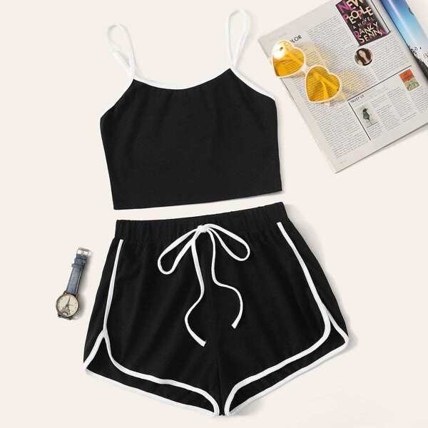

Ringer Cami Top and Tie Waist Dolphin Shorts Set