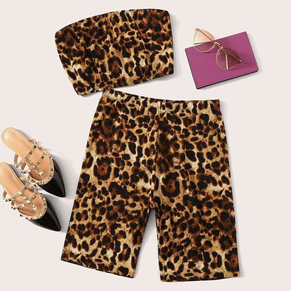 

Leopard Print Bandeau Top and Cycling Shorts Set