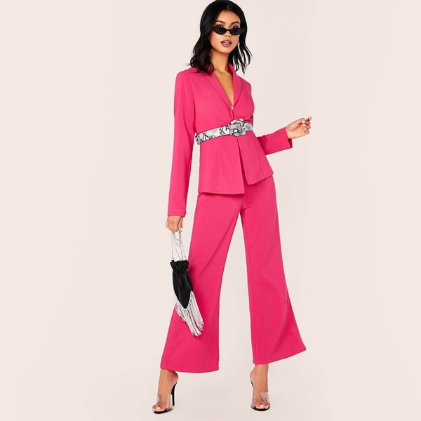 

Tie Front Blazer and Flare Leg Pants Set Without Belt, Pink