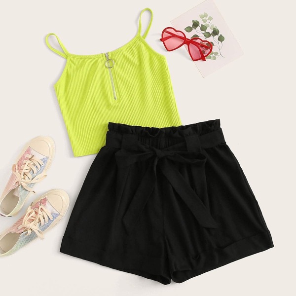 

Neon Lime Cami Top and Paperbag Waist Shorts Set