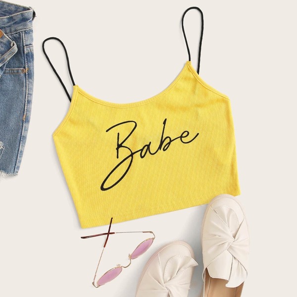 

Ribbed Babe Graphic Cropped Cami Top, Yellow