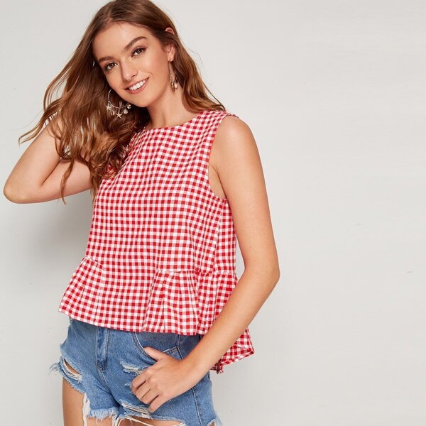

Gingham Print High Low Ruffle Hem Top
