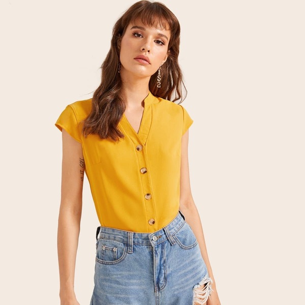 

V Neck Button Front Cap Sleeve Blouse