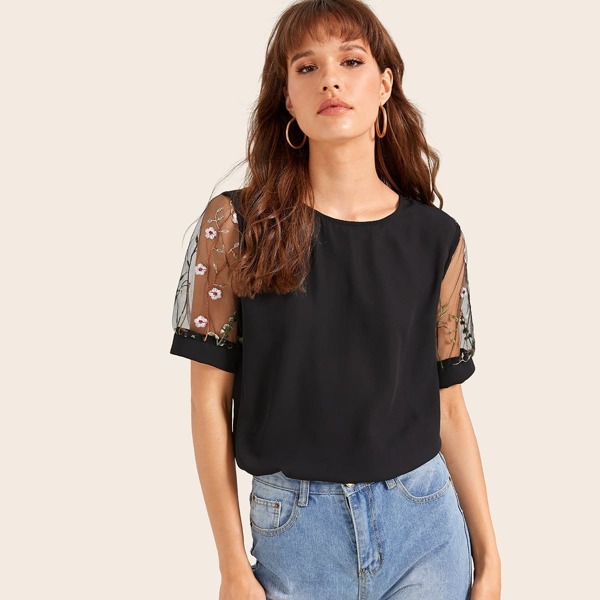 

Contrast Mesh Floral Embroidery Blouse, Black