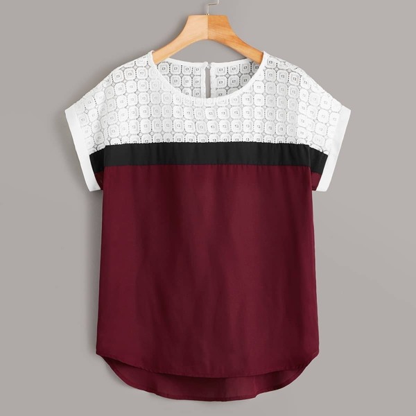 

Cut And Sew Contrast Lace Keyhole Back Blouse, Multicolor