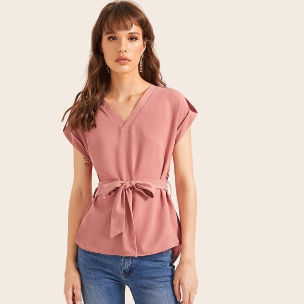 

V Neck Belted Curved Hem Blouse