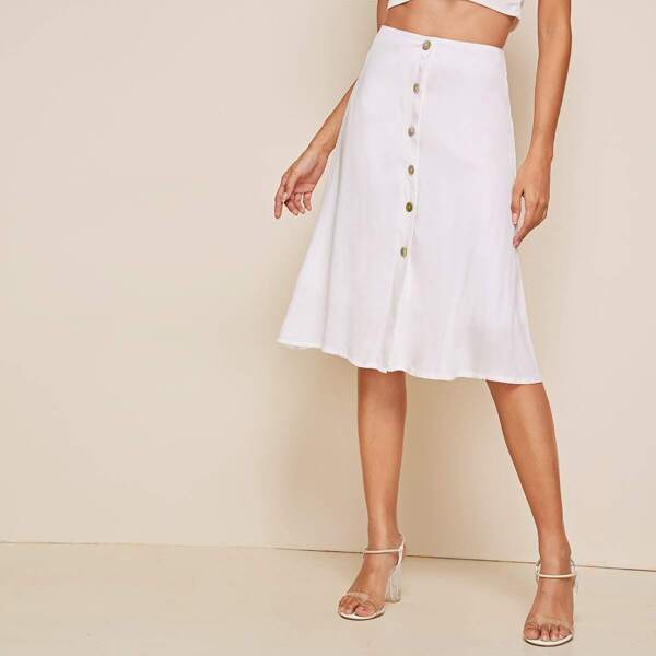 

Button Front A Line Skirt, White
