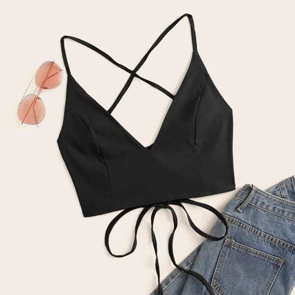 

Solid Lace-up Tie Back Cami Top, Black