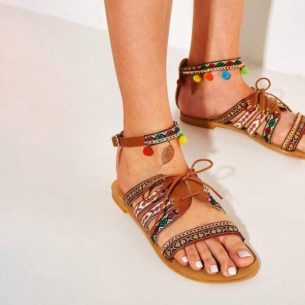 

Pom Pom Decor Tribal Print Sandals