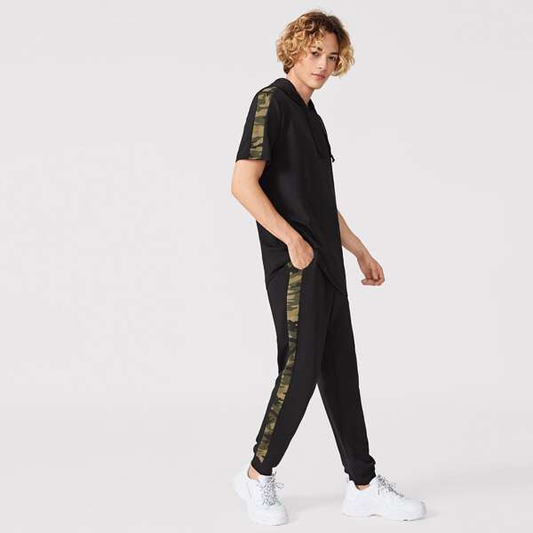 

Men Camo Side Drawstring Hoodie and Sweatpants Set, Black