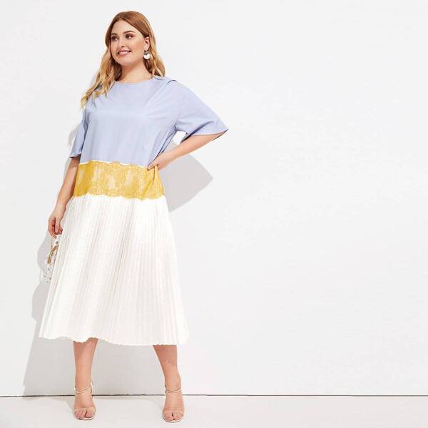 

Plus Contrast Lace Pleated Hem Tunic Dress, Multicolor