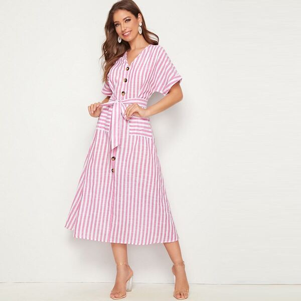 

Single Breasted Pocket Patched Self Belted Striped Dress