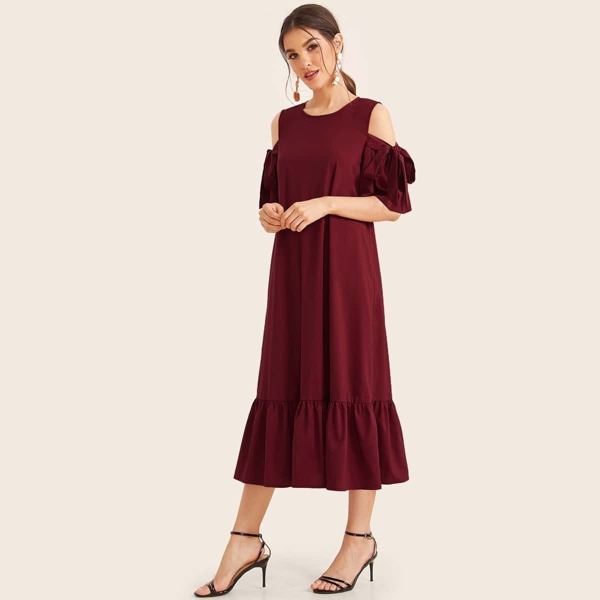 

Cold Shoulder Tie Sleeve Flippy Hem Dress