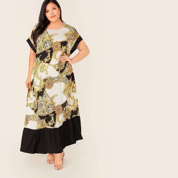 

Plus Chain Print Contrast Cuff and Flippy Hem Dress, Black