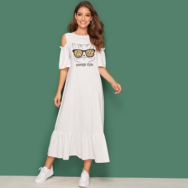 

Cold Shoulder Slogan and Cat Print Frill Trim Dress