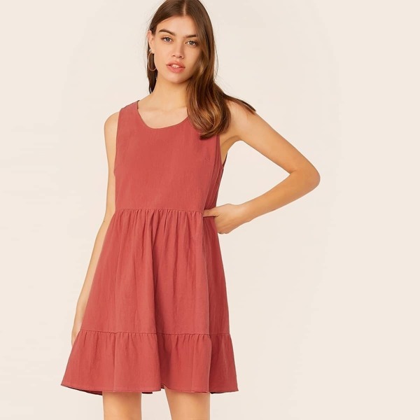 

Solid Ruffle Hem Smock Dress, Red