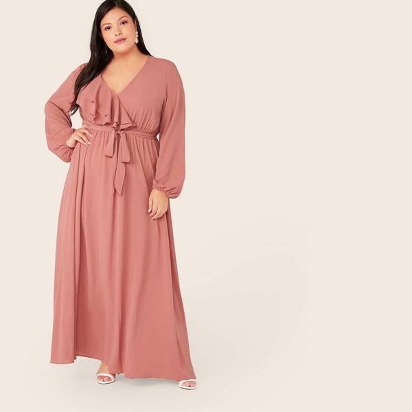

Plus Ruffle Trim Lantern Sleeve Belted Maxi Dress, Pink