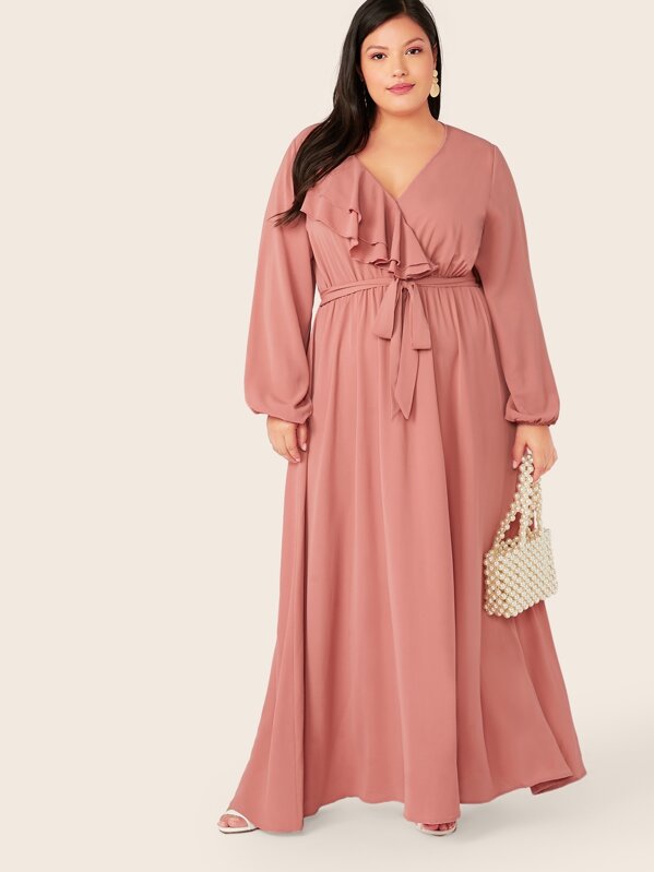 

Plus Ruffle Trim Lantern Sleeve Belted Maxi Dress, Pink, Vanessa Romo