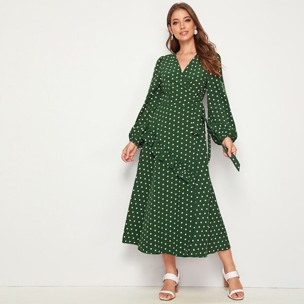 

Lantern Sleeve Ruffle Trim Tie Side Polka Dot Dress, Green