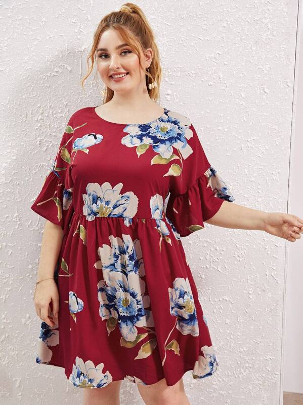 

Plus Ruffle Cuff Floral Print Dress, Burgundy, Nora