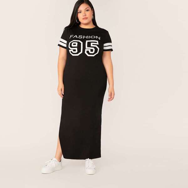 

Plus Letter and Number Print Striped Cuff Split Side Dress, Black