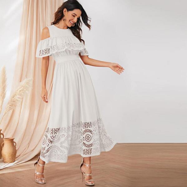 

Cold Shoulder Laser Cut Ruffle Foldover and Hem Dress, White