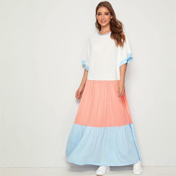 

Batwing Sleeve Colorblock Ringer Dress, Multicolor