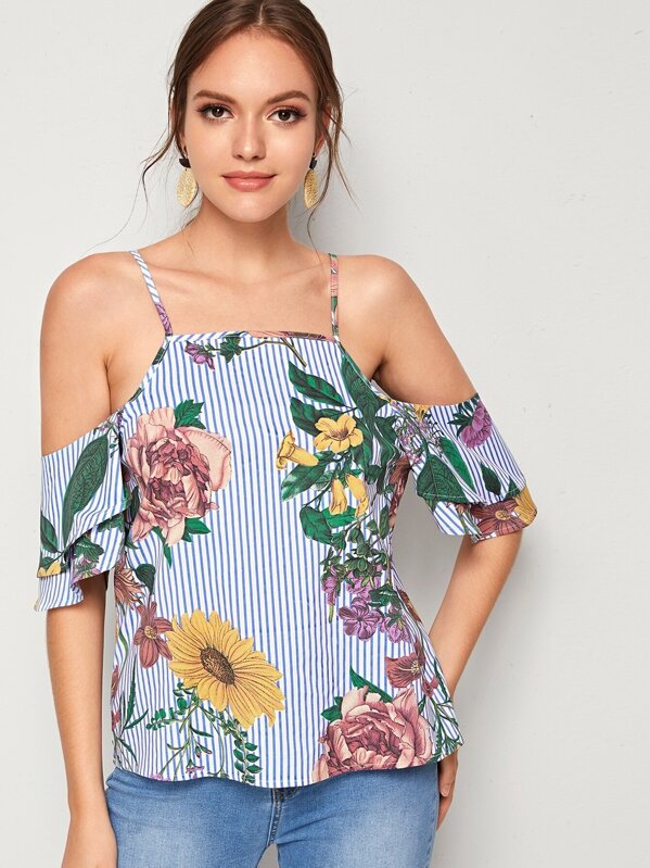 

Топ в полоску со спущенным рукавом и ботаническим принтом, Natalia