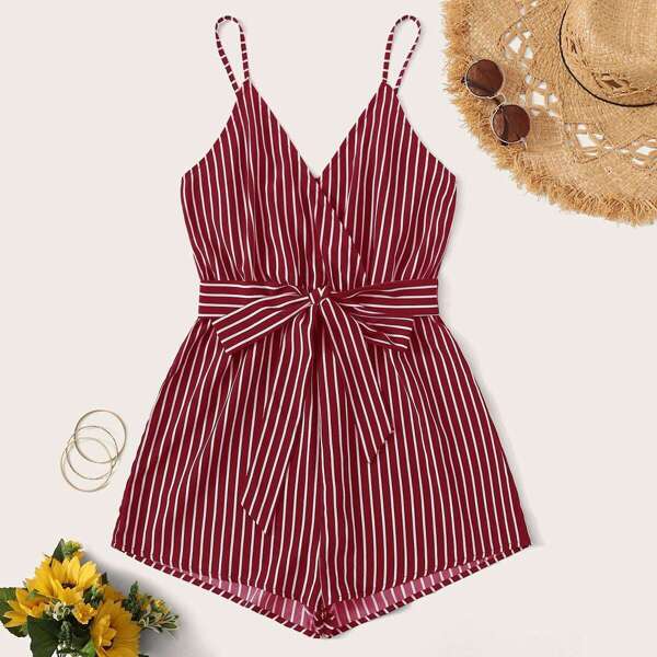 

Surplice Neck Self Belted Striped Slip Romper, Burgundy