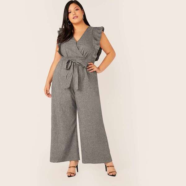 

Plus Surplice Neck Pleated Ruffle Armhole Wide Leg Jumpsuit, Grey