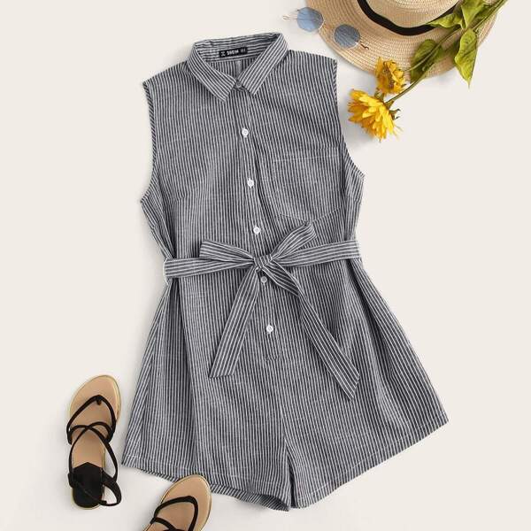 

Pocket Patched Self Belted Striped Shirt Romper