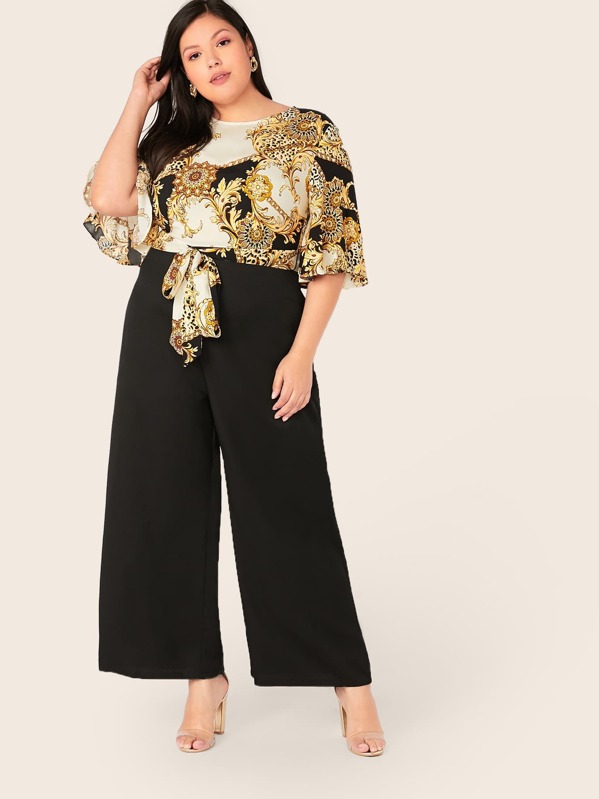 

Plus Chain Print Self Belted Wide Leg Combo Jumpsuit, Multicolor, Vanessa Romo