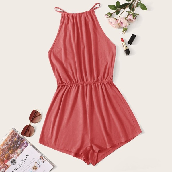 

Solid Keyhole Back Halter Romper
