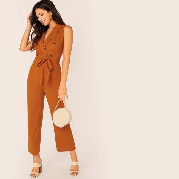 

Notch Collar Buttoned Front Belted Blazer Jumpsuit