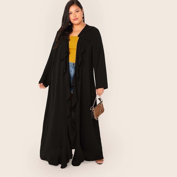 

Plus Solid Ruffle Trim Maxi Kimono