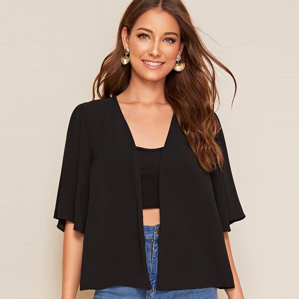 

Solid Flutter Sleeve Kimono, Black