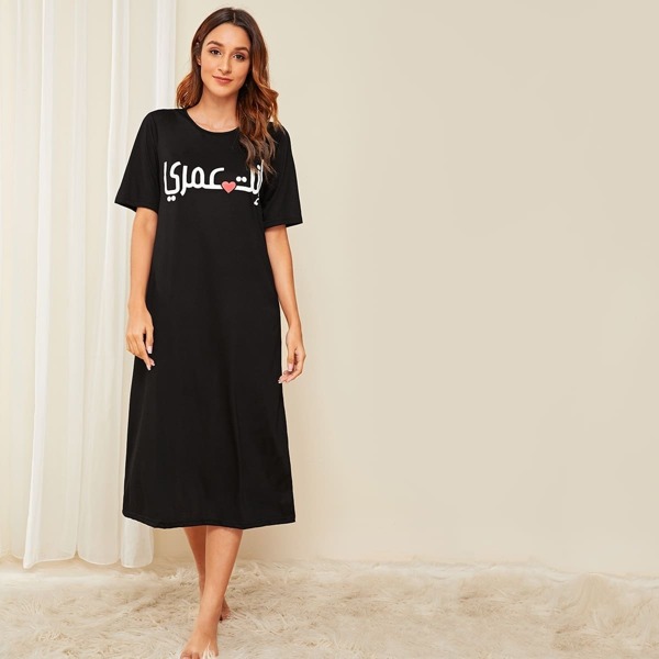 

Letter Graphic T-shirt Night Dress, Black