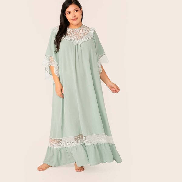 

Plus Lace Insert Ruffle Hem Maxi Night Dress, Green pastel
