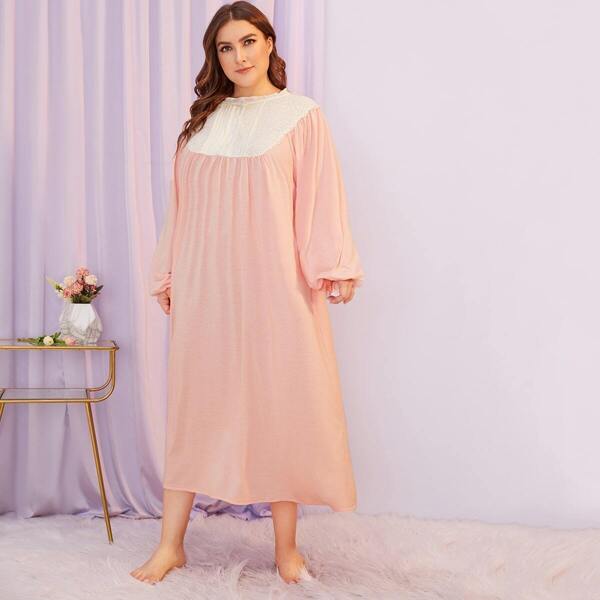 

Plus Button Front Lantern Sleeve Night Dress, Pink pastel