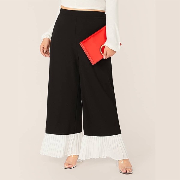 

Plus Two Tone Pleated Hem Wide Leg Pants, Black