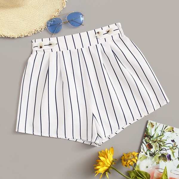 

Buttoned Front Frill Trim Striped Shorts
